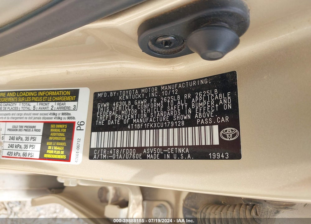 2012 TOYOTA CAMRY LE VIN: 4T1BF1FKXCU179128
