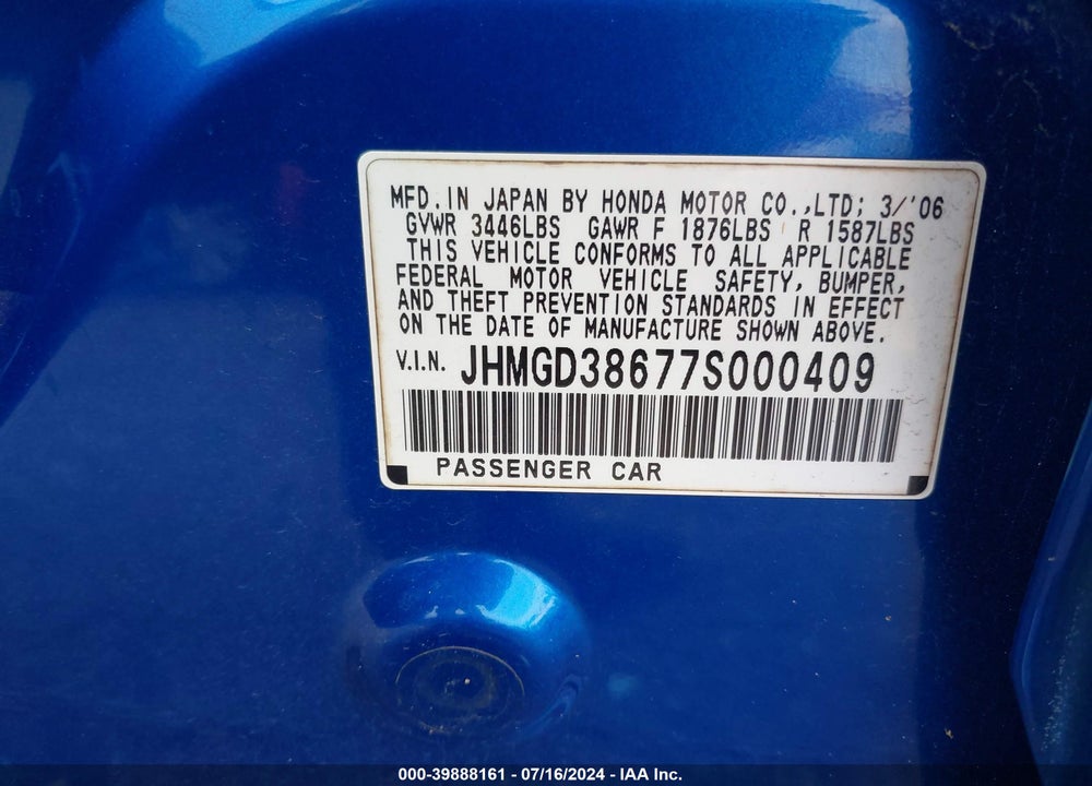 2007 HONDA FIT SPORT VIN: JHMGD38677S000409