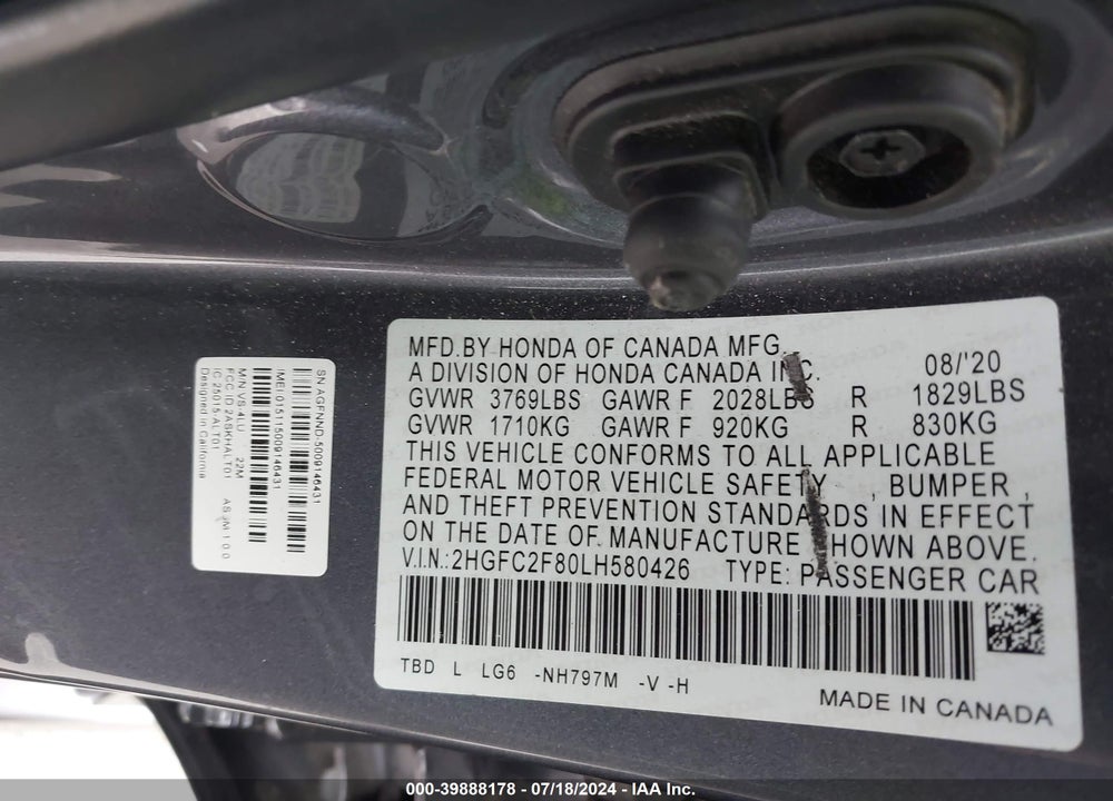 2020 HONDA CIVIC SPORT VIN: 2HGFC2F80LH580426