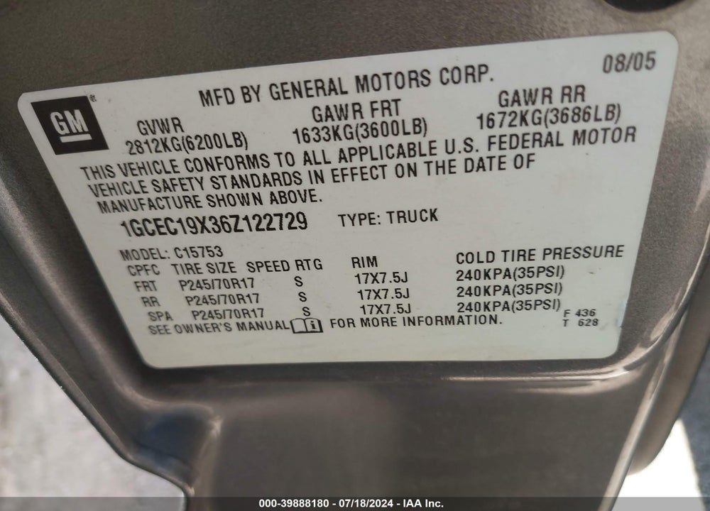 2006 CHEVROLET SILVERADO 1500 WORK TRUCK VIN: 1GCEC19X36Z122729