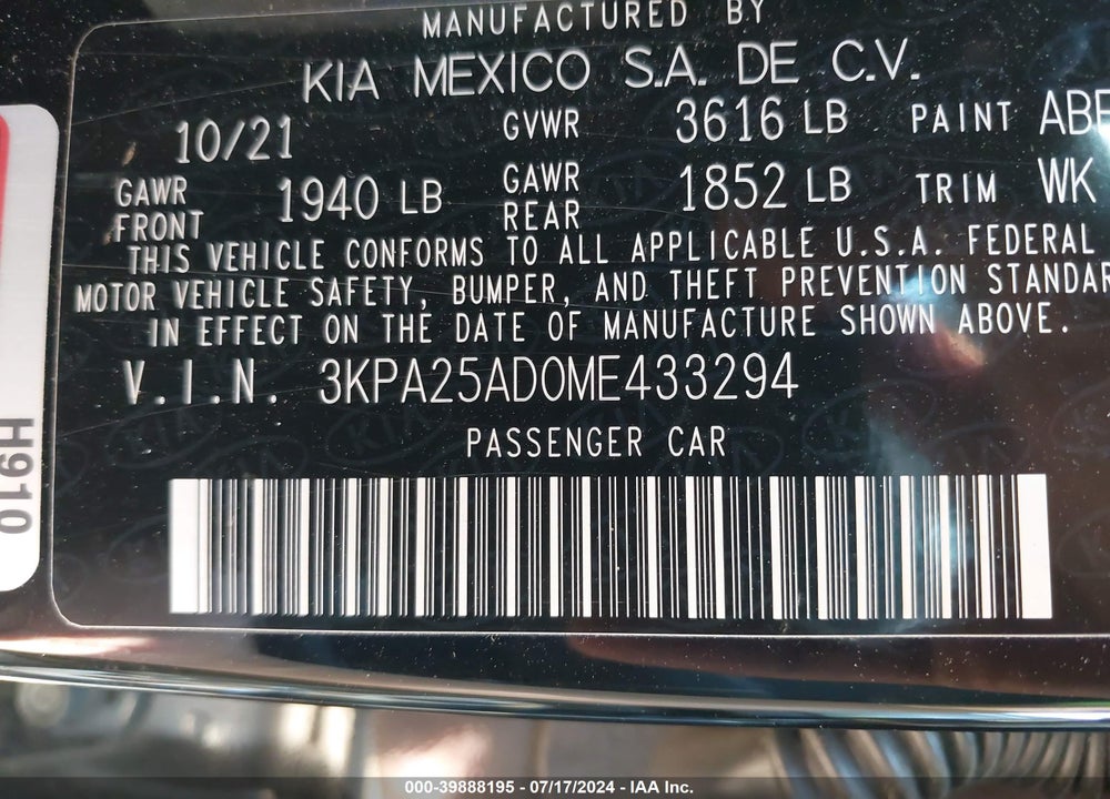 2021 KIA RIO 5-DOOR S VIN: 3KPA25AD0ME433294