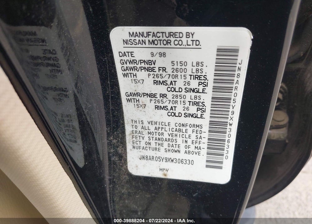 1999 NISSAN PATHFINDER LE/SE/XE VIN: JN8AR05Y9XW306330