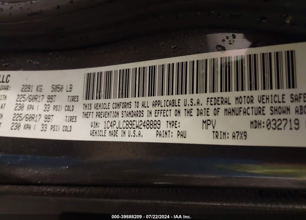 2014 JEEP CHEROKEE LATITUDE VIN: 1C4PJLCB9EW248889