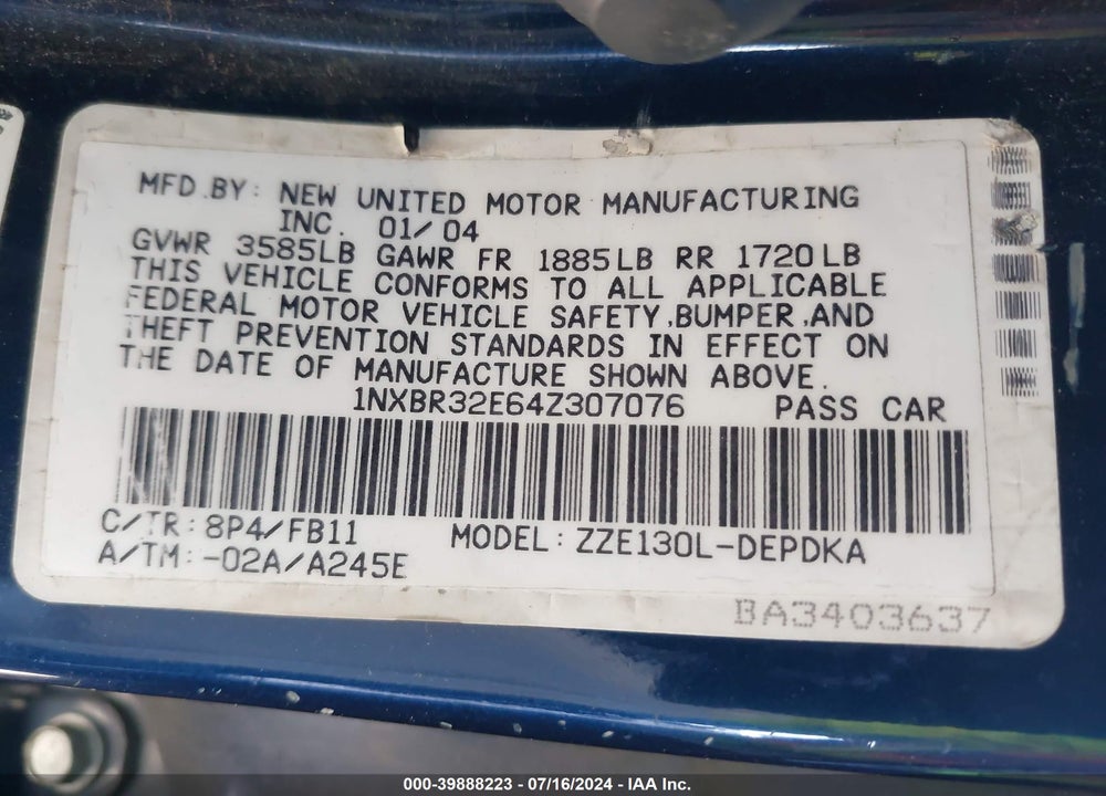 2004 TOYOTA COROLLA CE VIN: 1NXBR32E64Z307076