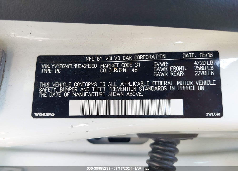 2017 VOLVO S60 T5 DYNAMIC VIN: YV126MFL1H2421560