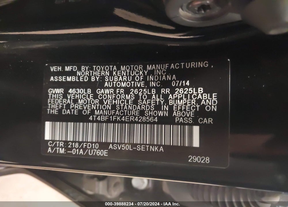 2014 TOYOTA CAMRY LE VIN: 4T4BF1FK4ER428564