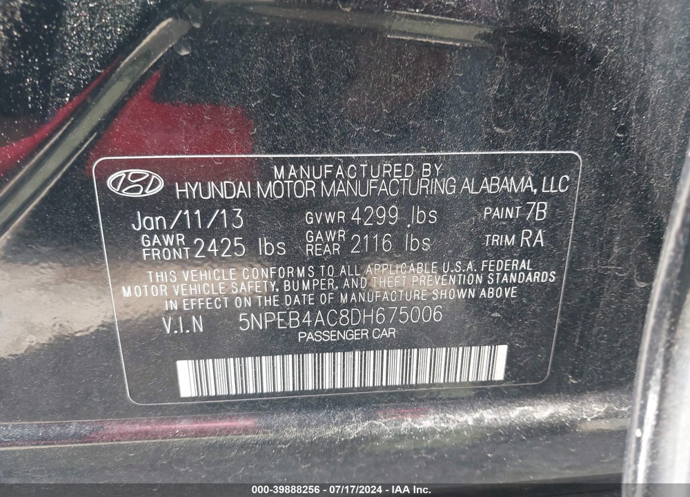2013 HYUNDAI SONATA GLS VIN: 5NPEB4AC8DH675006