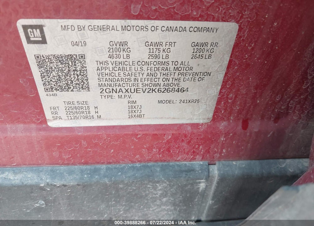 2019 CHEVROLET EQUINOX LT VIN: 2GNAXUEV2K6268464