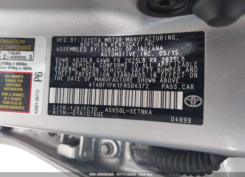 2015 TOYOTA CAMRY LE VIN: 4T4BF1FK1FR504372