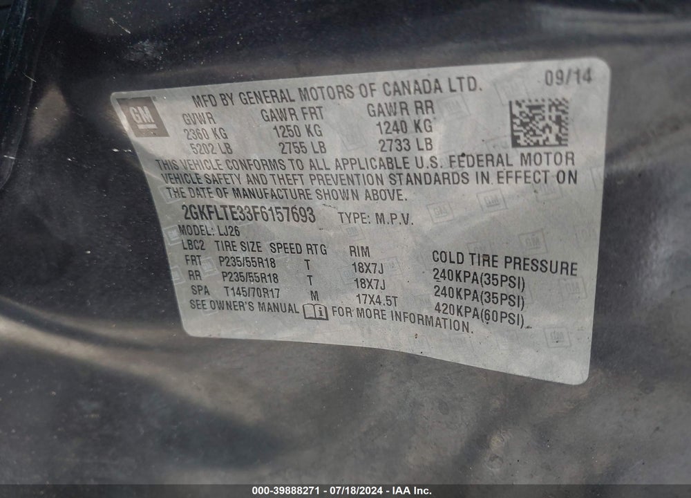 2015 GMC TERRAIN SLT-2 VIN: 2GKFLTE33F6157693