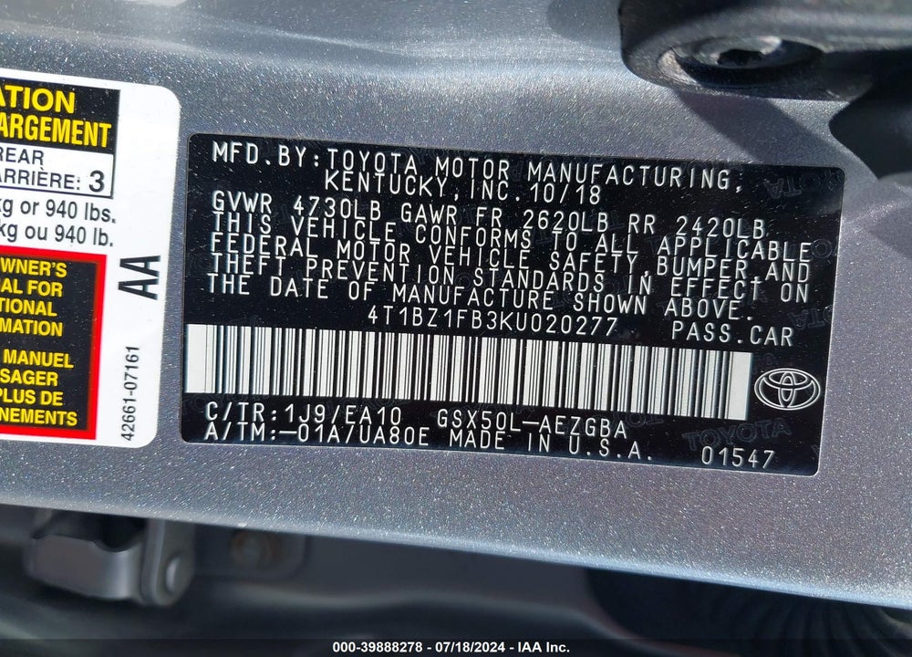2019 TOYOTA AVALON XLE VIN: 4T1BZ1FB3KU020277
