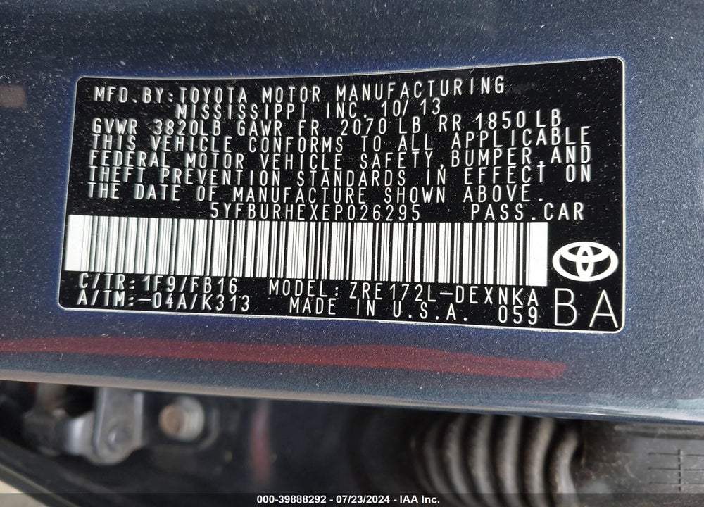 2014 TOYOTA COROLLA LE VIN: 5YFBURHEXEP026295