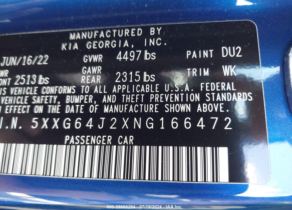2022 KIA K5 VIN: 5XXG64J2XNG166472