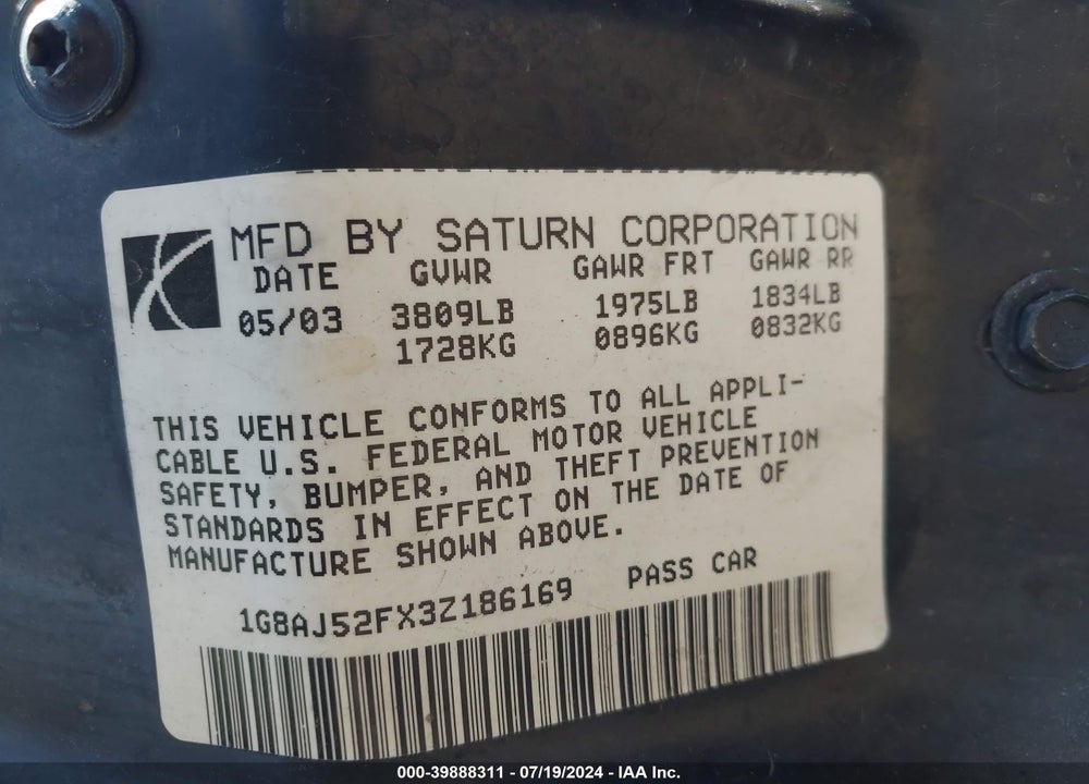 2003 SATURN ION 2 VIN: 1G8AJ52FX3Z186169