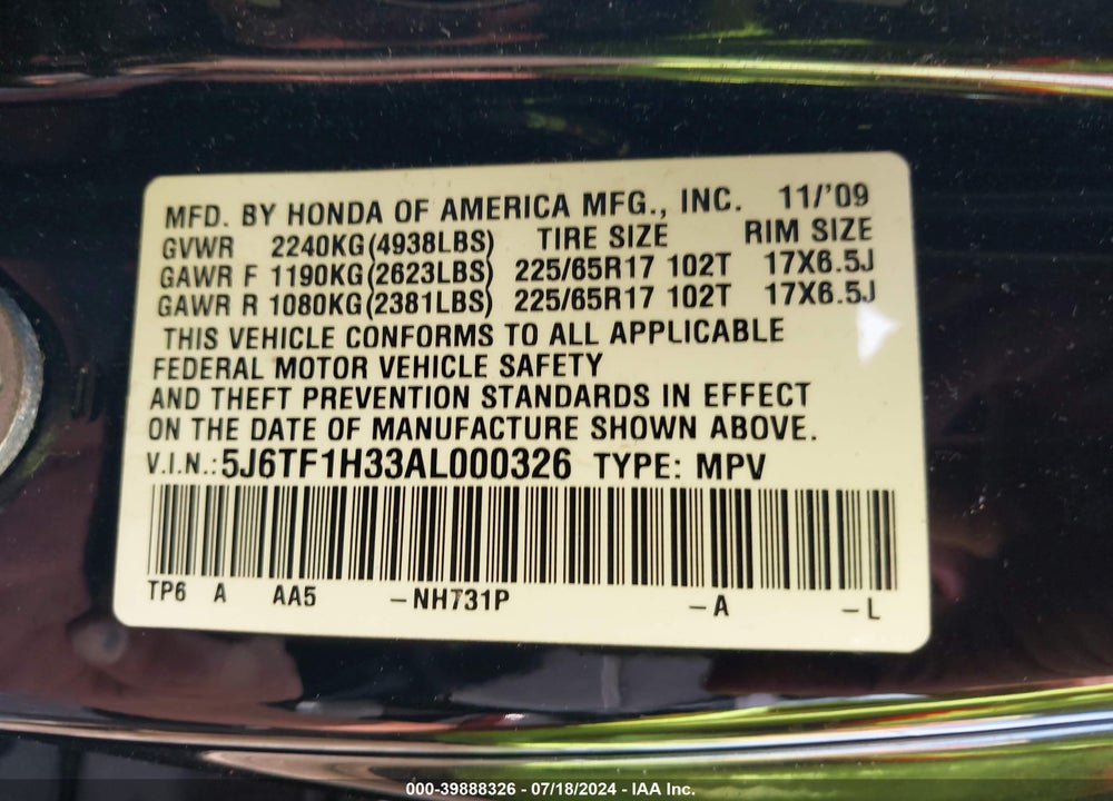 2010 HONDA ACCORD CROSSTOUR EX VIN: 5J6TF1H33AL000326