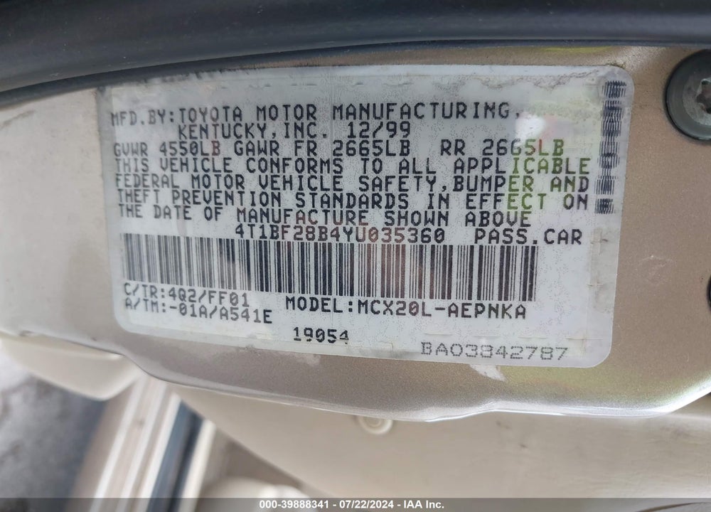 2000 TOYOTA AVALON XL VIN: 4T1BF28B4YU035360