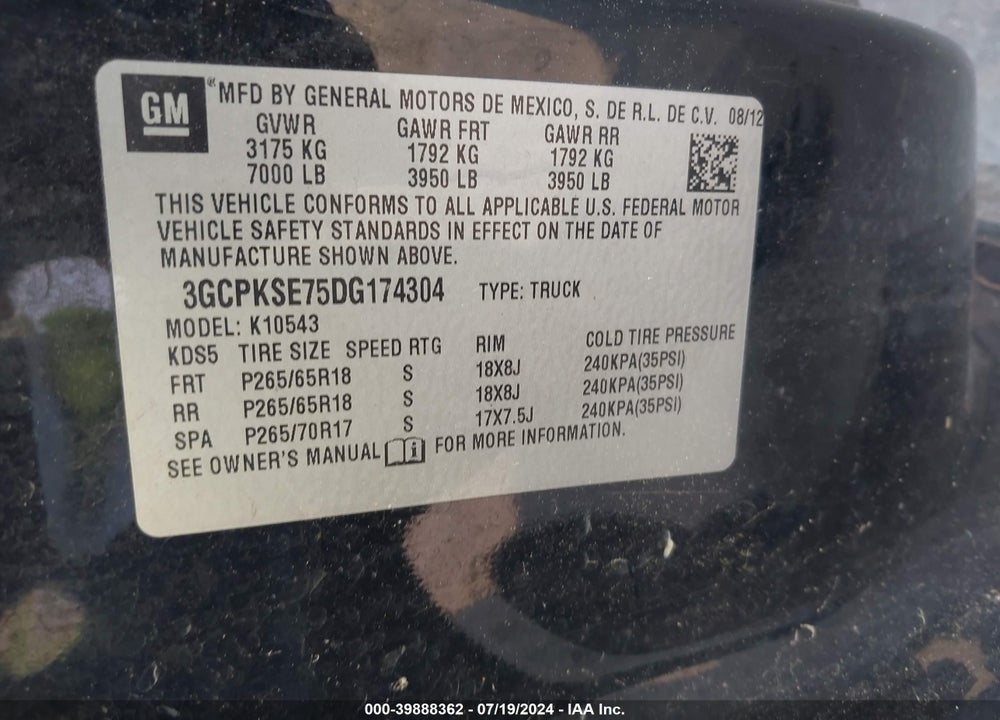 2013 CHEVROLET SILVERADO 1500 LT VIN: 3GCPKSE75DG174304