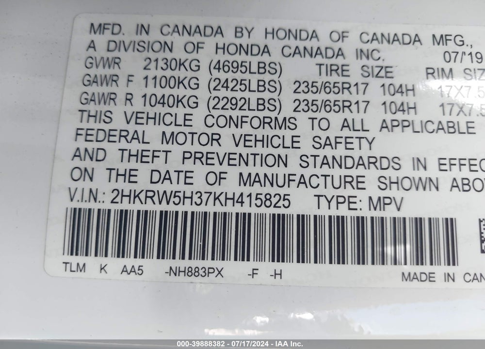 2019 HONDA CR-V LX VIN: 2HKRW5H37KH415825