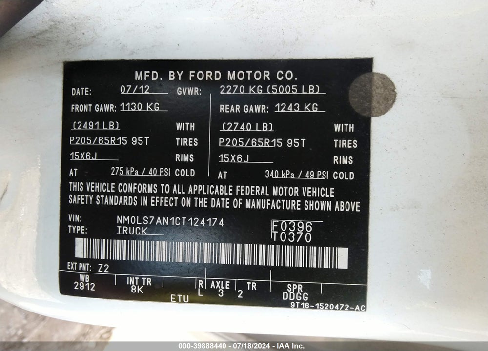 2012 FORD TRANSIT CONNECT XL VIN: NM0LS7AN1CT124174