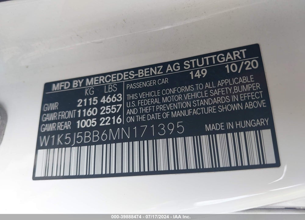 2021 MERCEDES-BENZ AMG CLA 35 4MATIC VIN: W1K5J5BB6MN171395