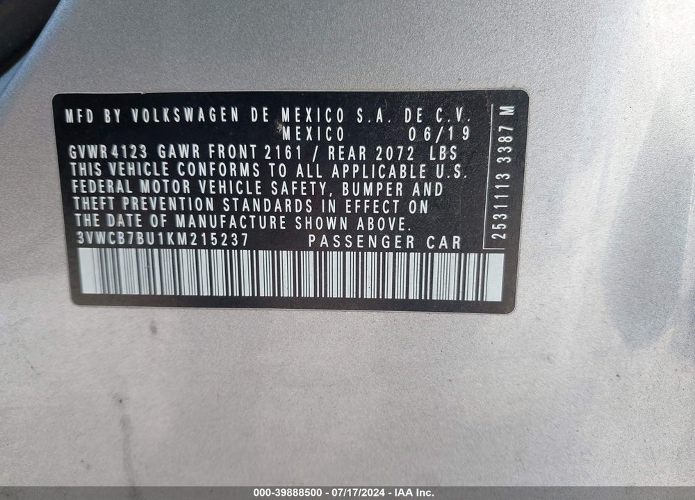 2019 VOLKSWAGEN JETTA 1.4T R-LINE/1.4T S/1.4T SE VIN: 3VWCB7BU1KM215237