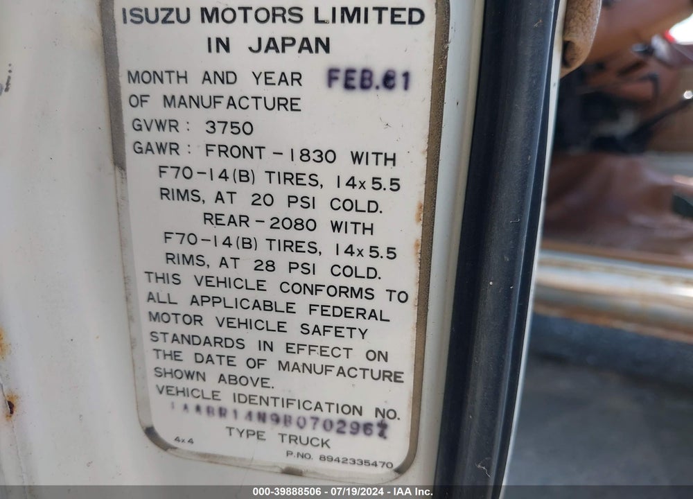 1981 ISUZU PUP VIN: JAABR14N9B0702967