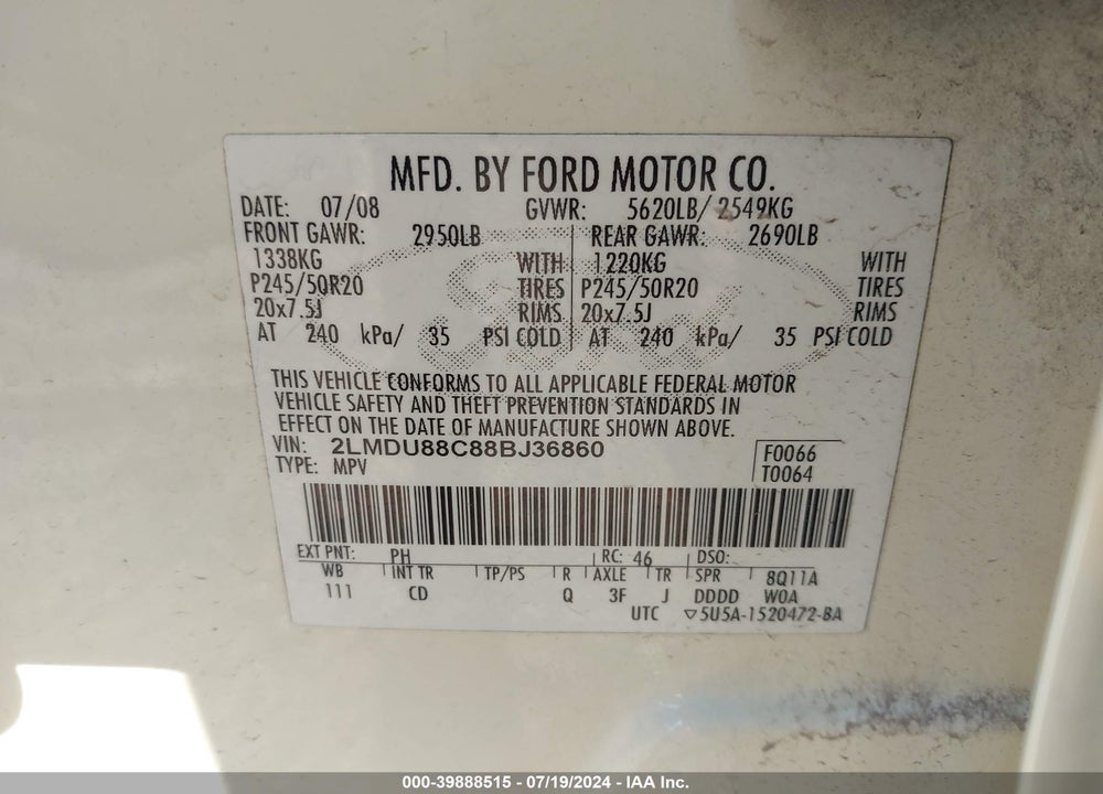 2008 LINCOLN MKX VIN: 2LMDU88C88BJ36860
