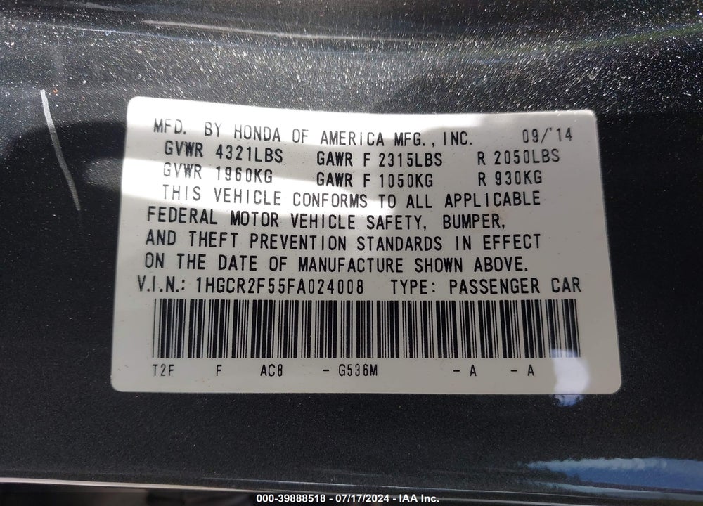 2015 HONDA ACCORD SPORT VIN: 1HGCR2F55FA024008