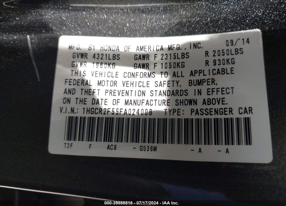 2015 HONDA ACCORD SPORT VIN: 1HGCR2F55FA024008