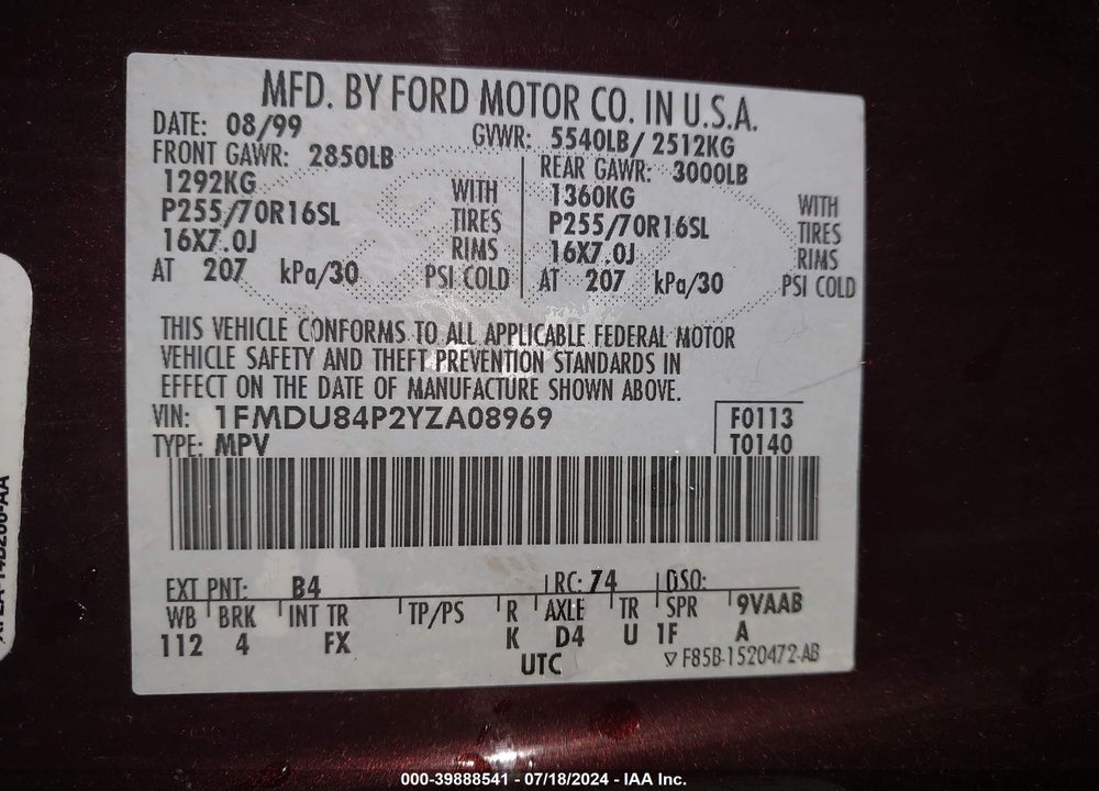 2000 FORD EXPLORER EDDIE BAUER VIN: 1FMDU84P2YZA08969