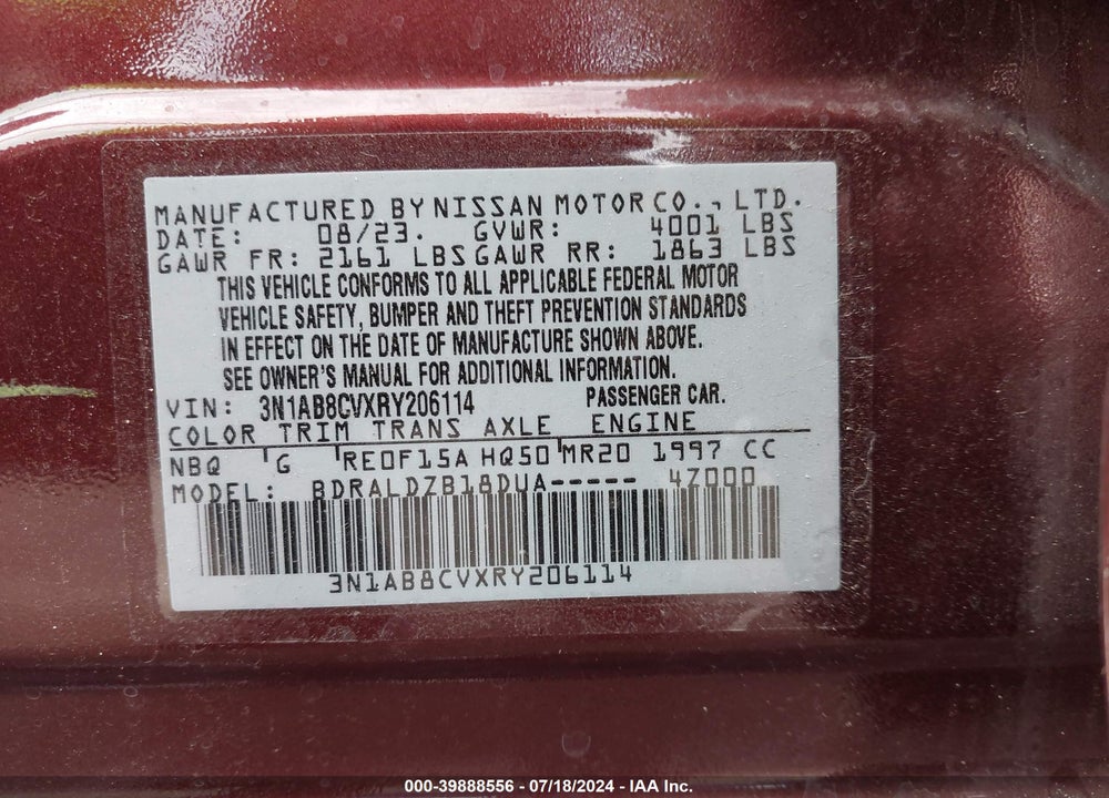 2024 NISSAN SENTRA SV XTRONIC CVT VIN: 3N1AB8CVXRY206114