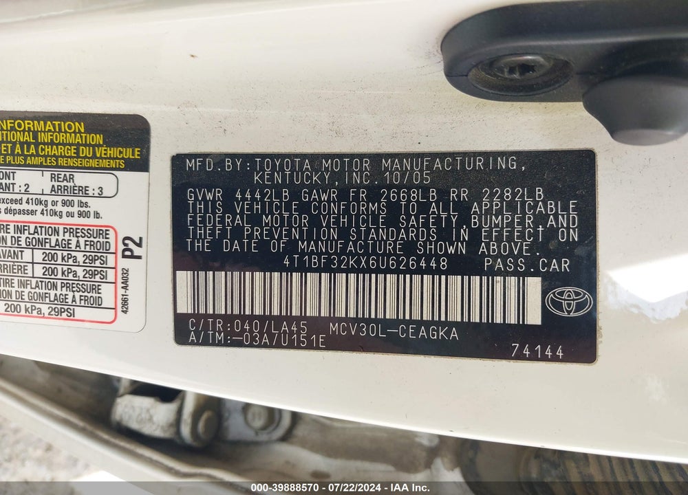 2006 TOYOTA CAMRY XLE V6 VIN: 4T1BF32KX6U626448