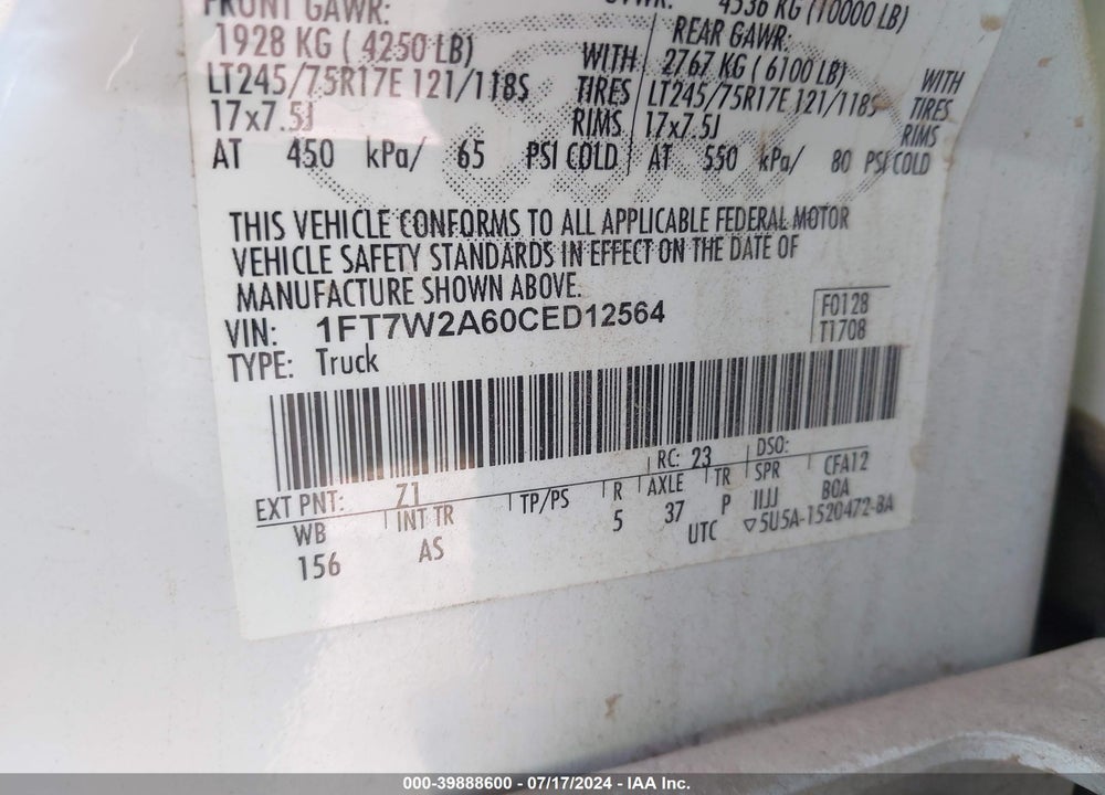 2012 FORD F-250 VIN: 1FT7W2A60CED12564