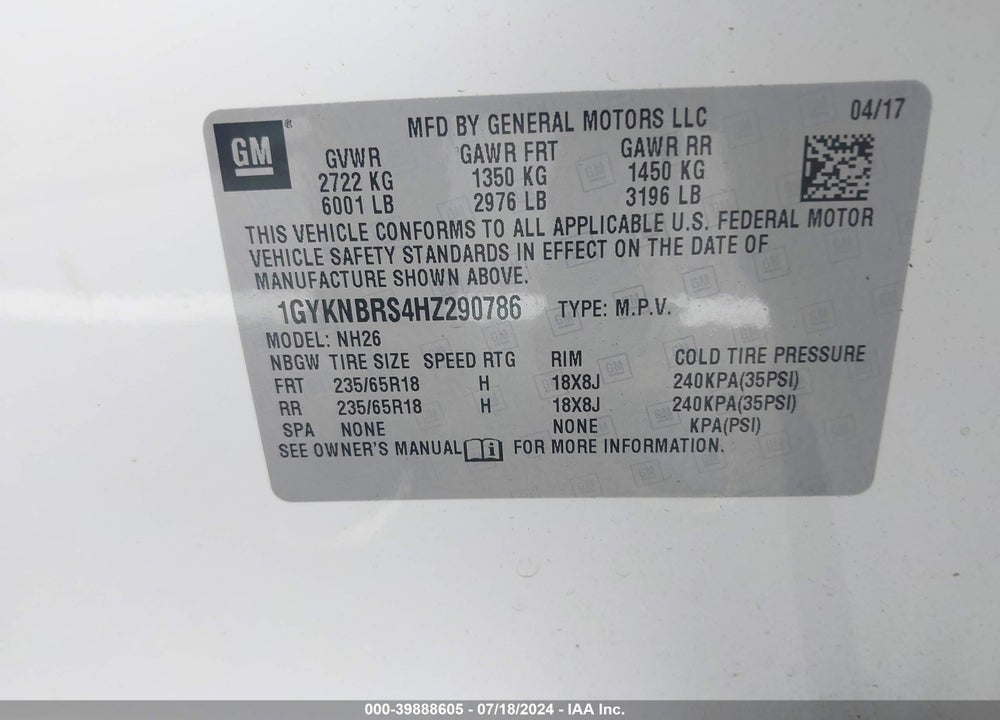 2017 CADILLAC XT5 LUXURY VIN: 1GYKNBRS4HZ290786