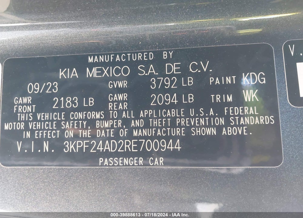 2024 KIA FORTE LXS VIN: 3KPF24AD2RE700944