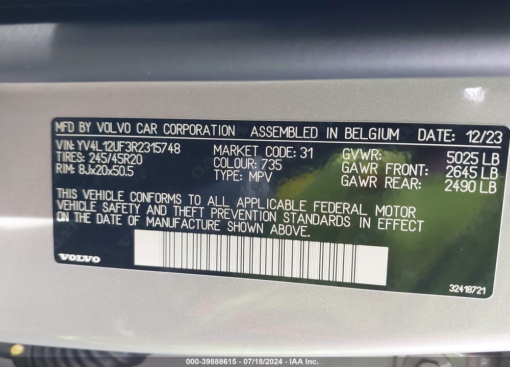 2024 VOLVO XC40 B5 ULTIMATE BRIGHT THEME VIN: YV4L12UF3R2315748