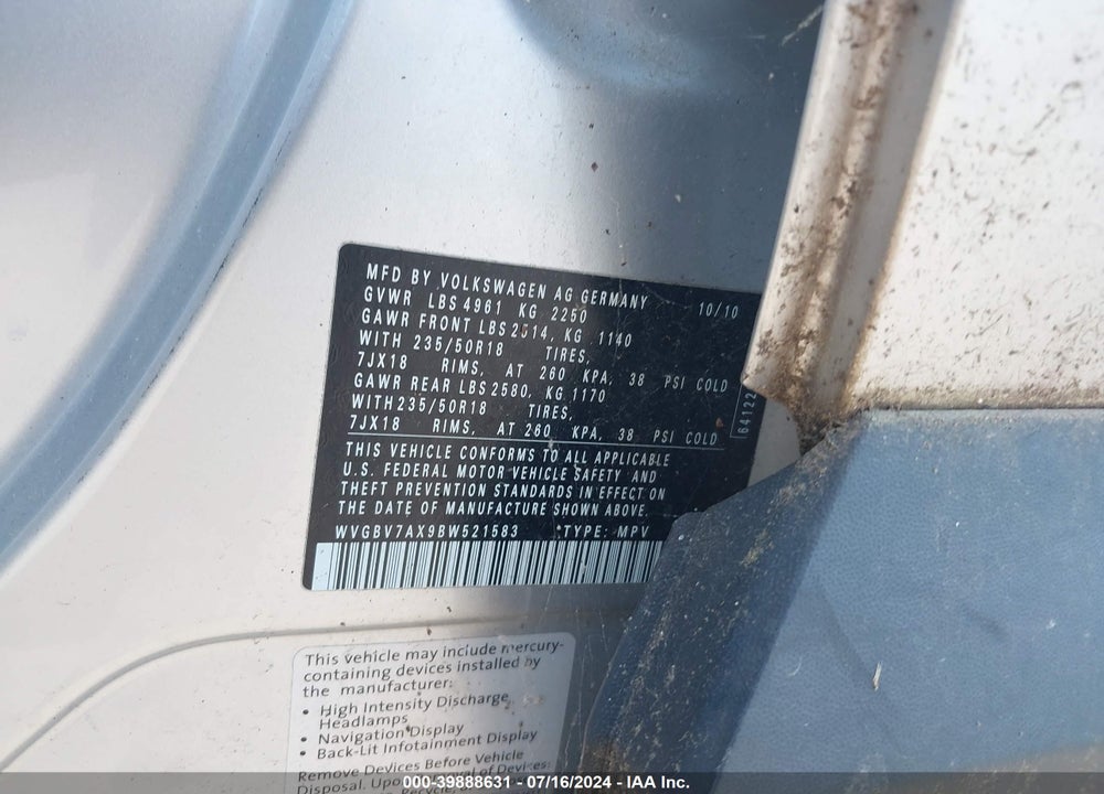 2011 VOLKSWAGEN TIGUAN SEL VIN: WVGBV7AX9BW521583