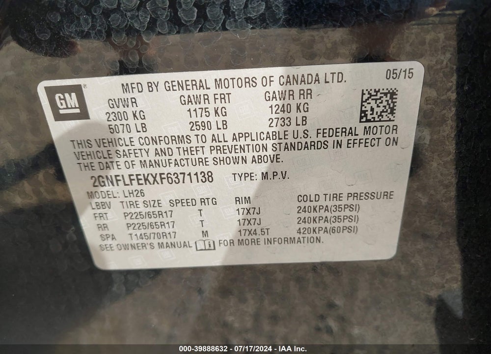 2015 CHEVROLET EQUINOX 1LT VIN: 2GNFLFEKXF6371138