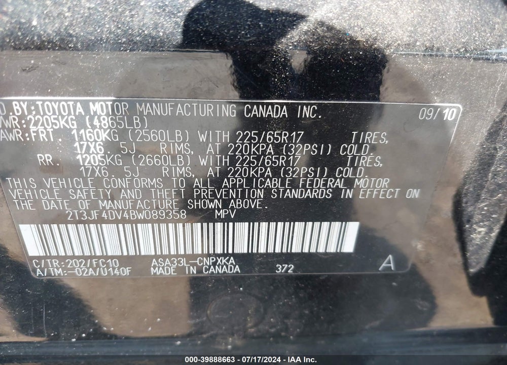 2011 TOYOTA RAV4 VIN: 2T3JF4DV4BW089358
