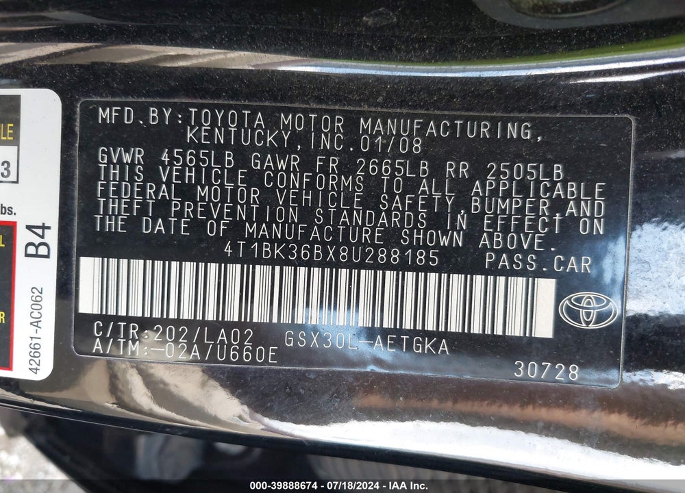 2008 TOYOTA AVALON XLS VIN: 4T1BK36BX8U288185