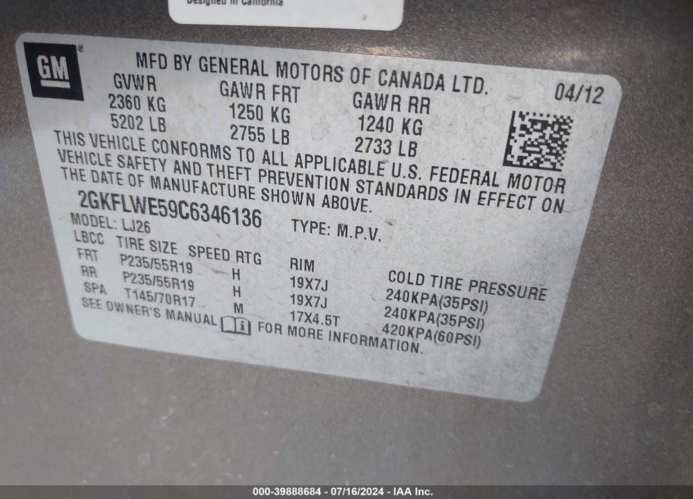 2012 GMC TERRAIN SLT-2 VIN: 2GKFLWE59C6346136