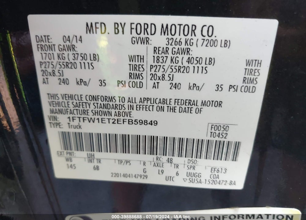 2014 FORD F-150 FX4 VIN: 1FTFW1ET2EFB59849