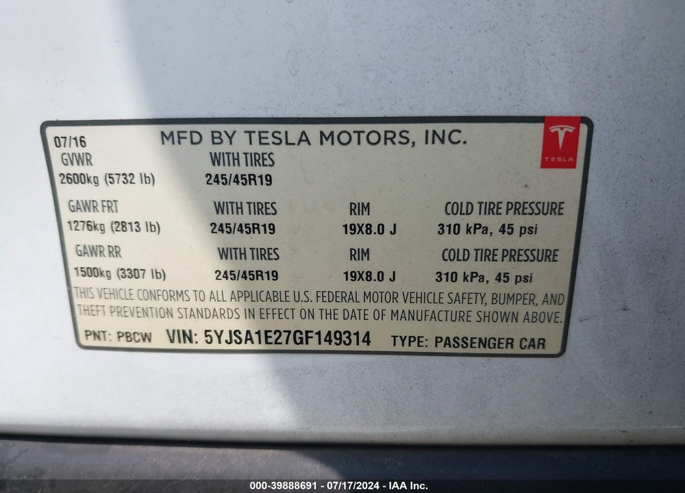 2016 TESLA MODEL S 60D/70D/75D/85D/90D VIN: 5YJSA1E27GF149314