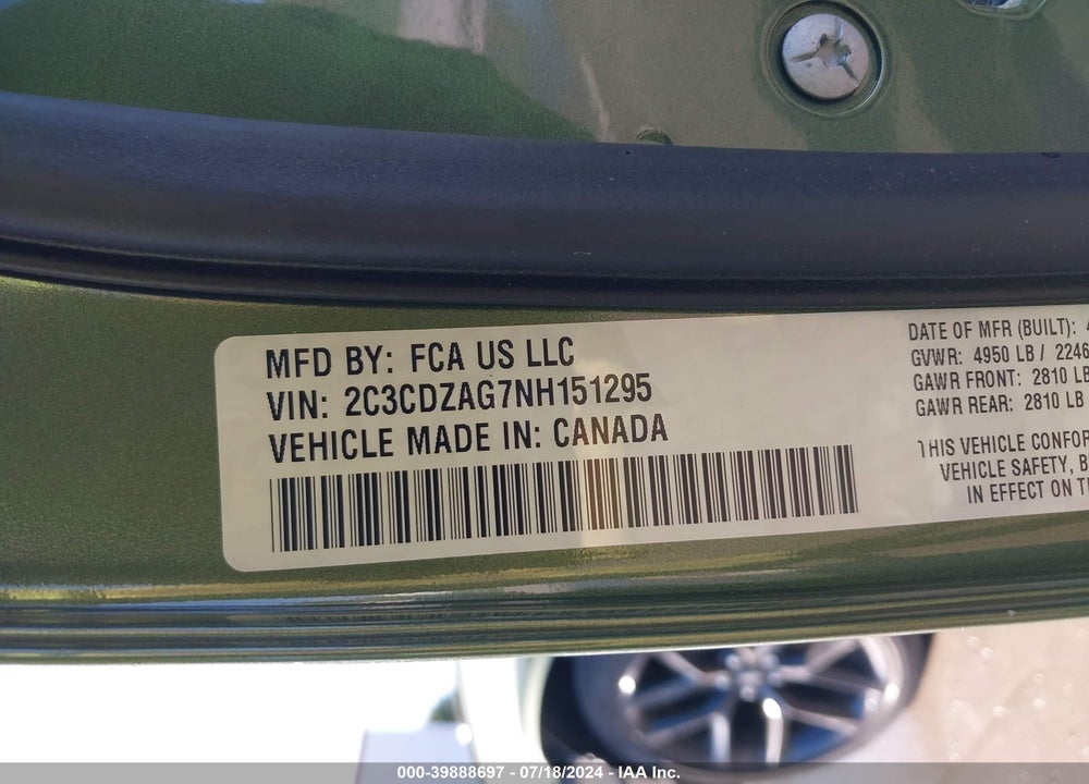 2022 DODGE CHALLENGER SXT VIN: 2C3CDZAG7NH151295