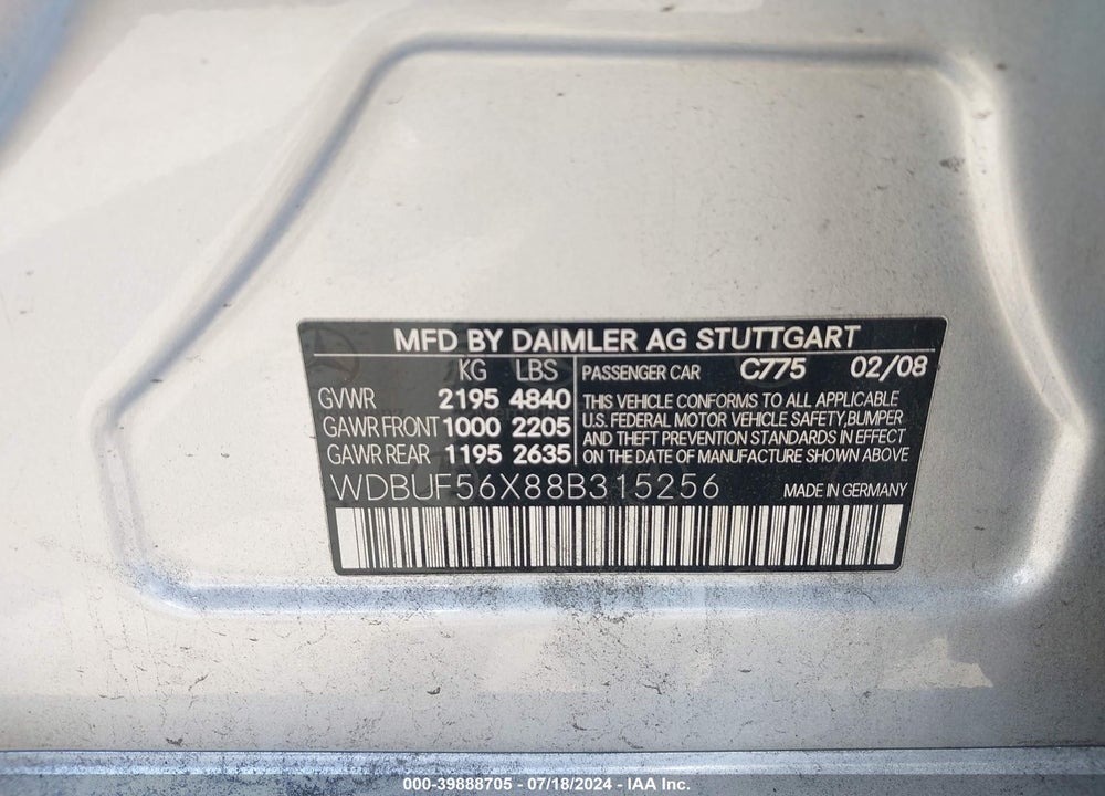 2008 MERCEDES-BENZ E 350 VIN: WDBUF56X88B315256
