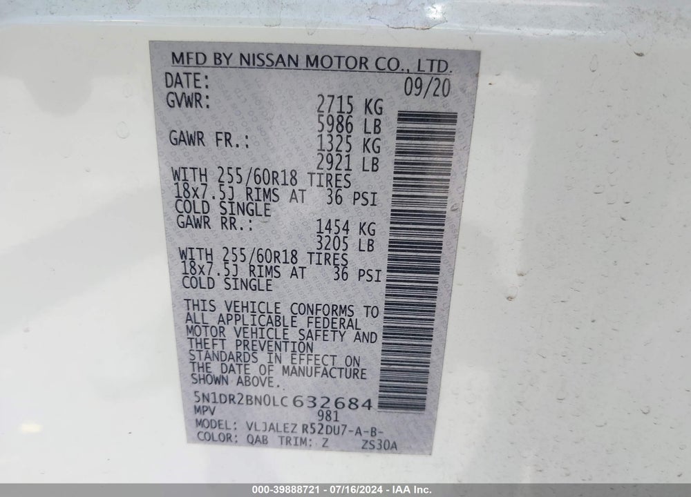 2020 NISSAN PATHFINDER SV 2WD VIN: 5N1DR2BN0LC632684