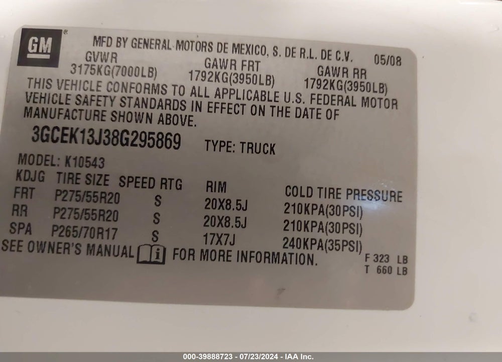 2008 CHEVROLET SILVERADO 1500 LTZ VIN: 3GCEK13J38G295869