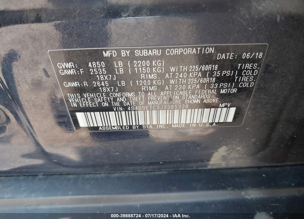 2018 SUBARU OUTBACK 3.6R TOURING VIN: 4S4BSETC3J3385328