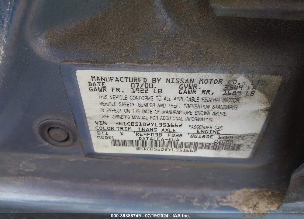 2000 NISSAN SENTRA GXE/XE VIN: 3N1CB51D2YL351662