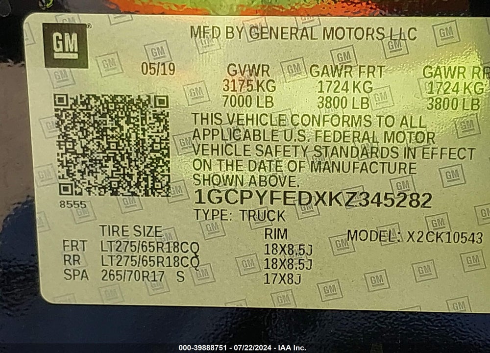 2019 CHEVROLET SILVERADO 1500 LT TRAIL BOSS VIN: 1GCPYFEDXKZ345282